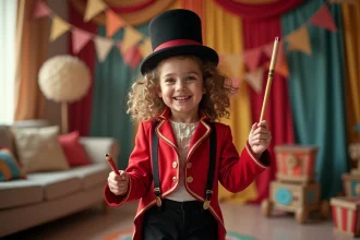 Petite fille déguisée en maîtresse de cérémonie de cirque avec habit rouge et chapeau haut-de-forme doré