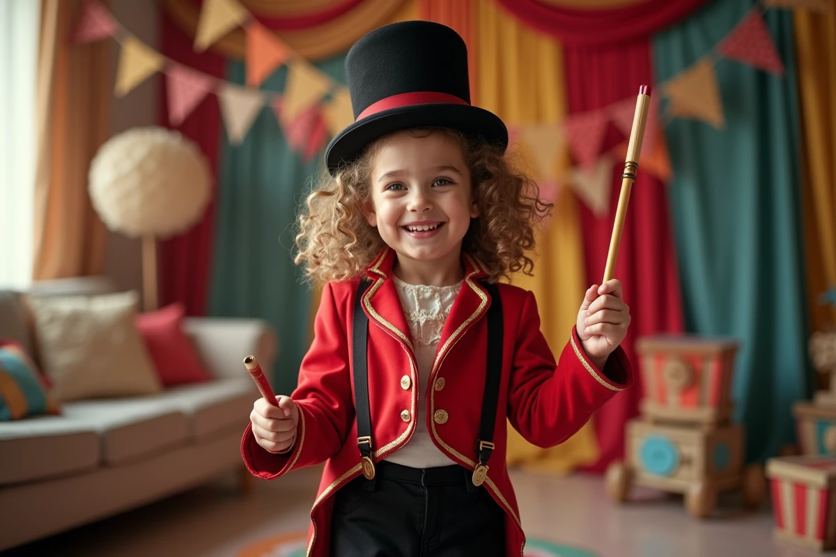 Petite fille déguisée en maîtresse de cérémonie de cirque avec habit rouge et chapeau haut-de-forme doré