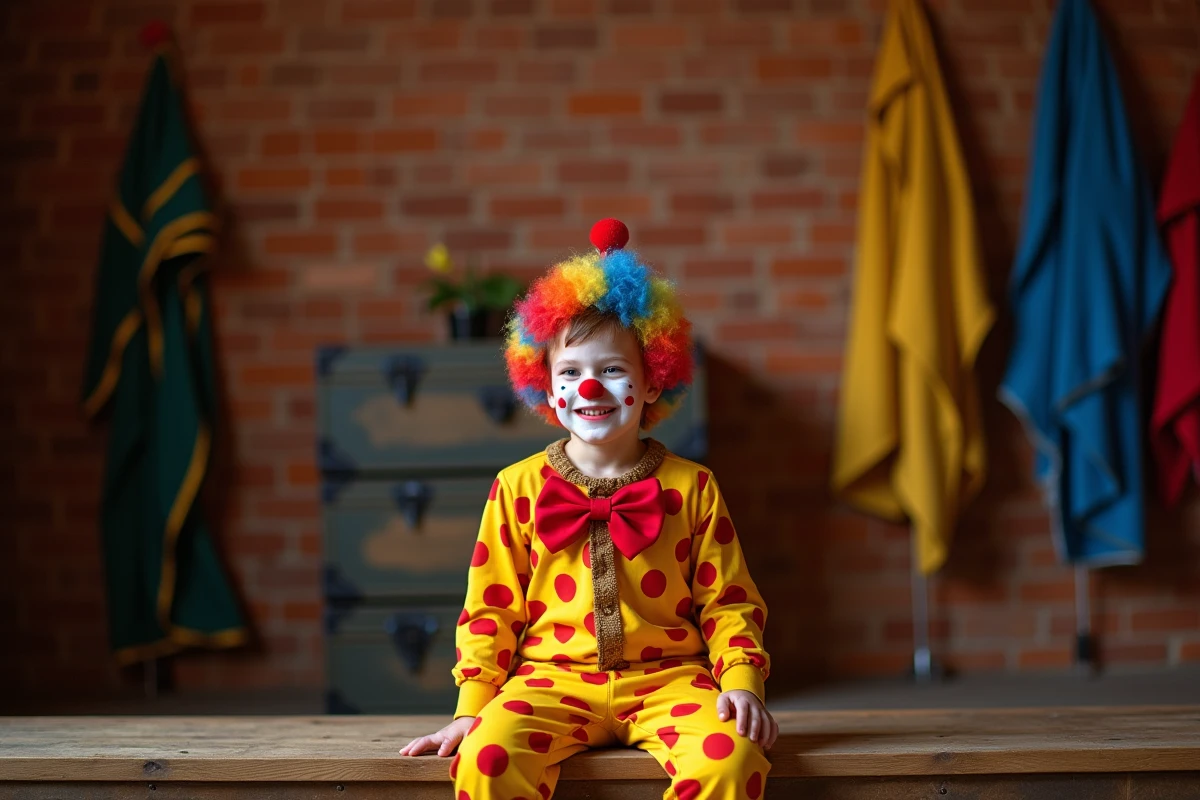 Garçon déguisé en clown de cirque avec combinaison à pois et perruque colorée assis dans les coulisses