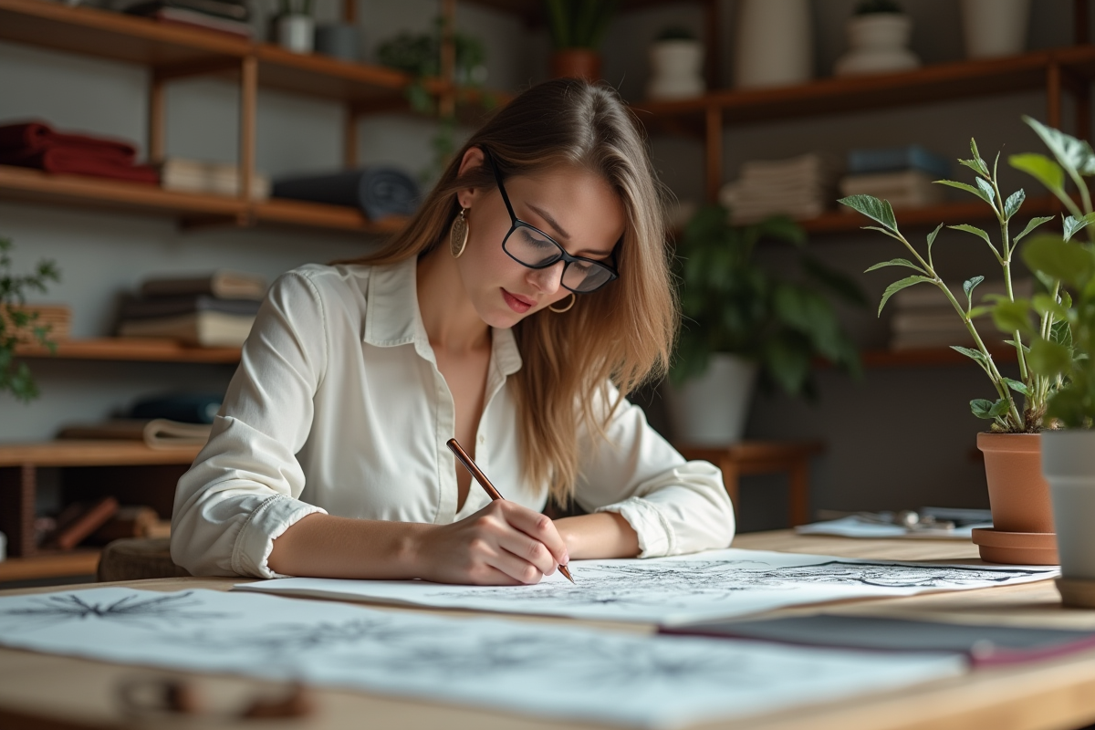 Jeune styliste dessinant des motifs de tissu dans son atelier