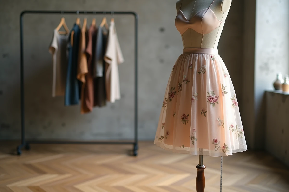 Gros plan sur un jupon en soie champagne sous une jupe en organza transparent sur un mannequin de couture dans un atelier minimaliste