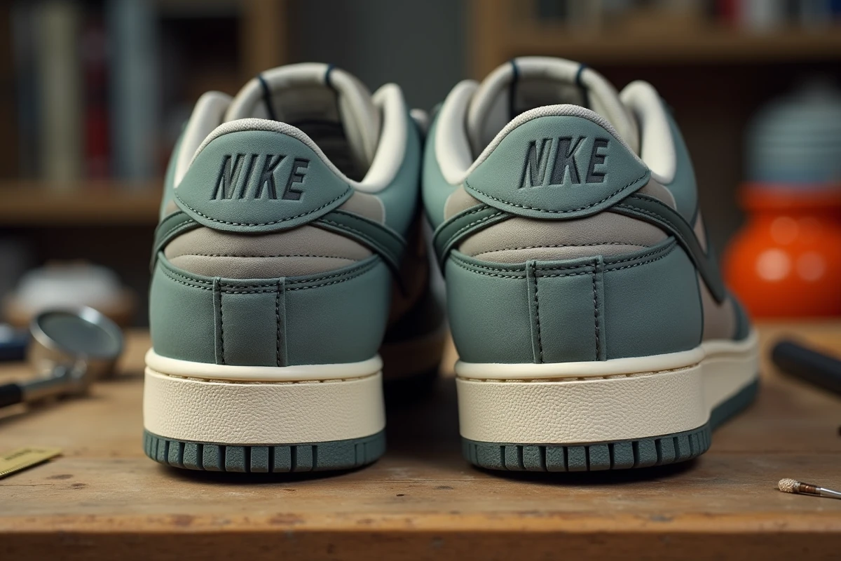 Gros plan macro comparant les détails de couture et du logo entre une Nike authentique et une contrefaçon sur une table en bois