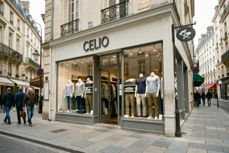 Devanture du magasin Celio en centre-ville de Vichy avec vitrine de vêtements pour hommes