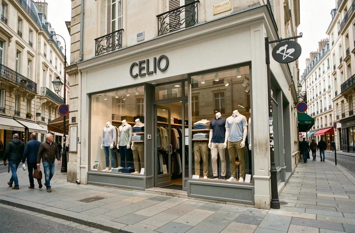Devanture du magasin Celio en centre-ville de Vichy avec vitrine de vêtements pour hommes