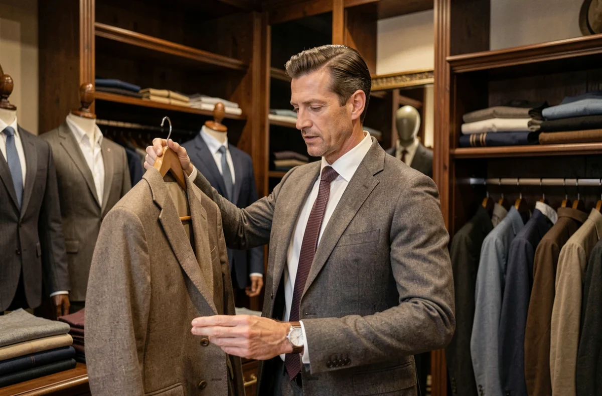 Homme élégant inspectant un blazer dans une boutique Devred 1902 en Seine-Saint-Denis