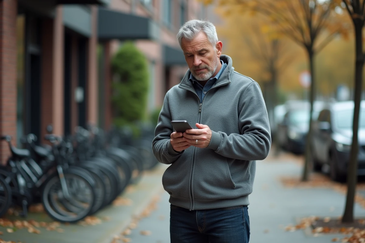 Homme tenant un smartphone affichant une photo floue dans une rue, symbolisant les risques de diffusion d'images sans consentement