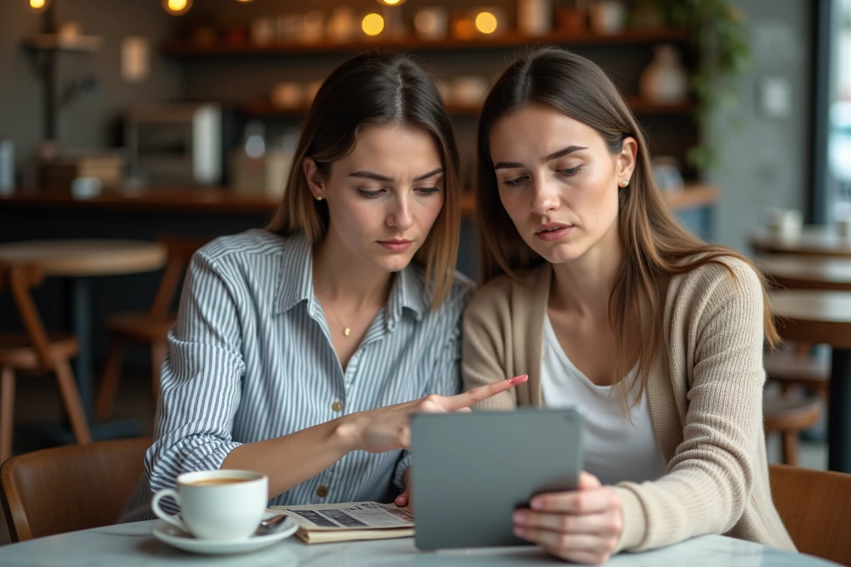 Deux femmes discutant d'un article en ligne dans un café, abordant la question de la vie privée et des erreurs à éviter sur internet