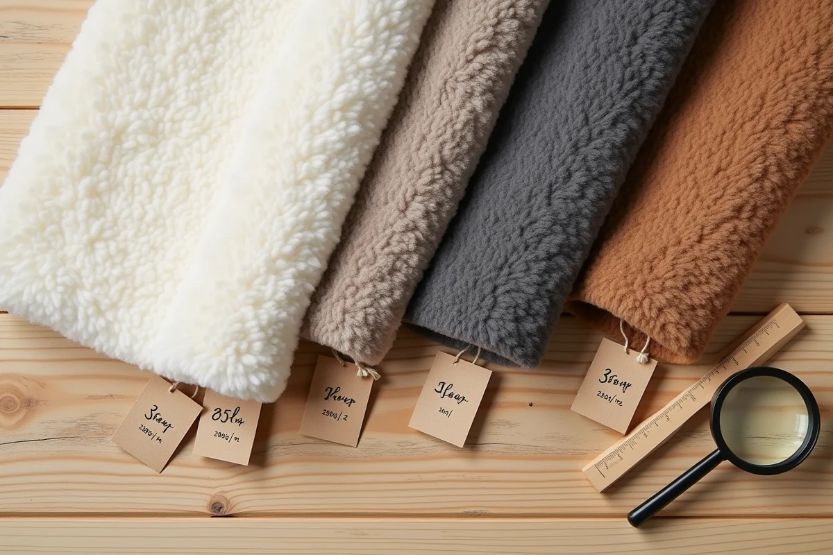 Échantillons de doublure sherpa en différentes couleurs avec étiquettes de grammage sur une table en bois naturel