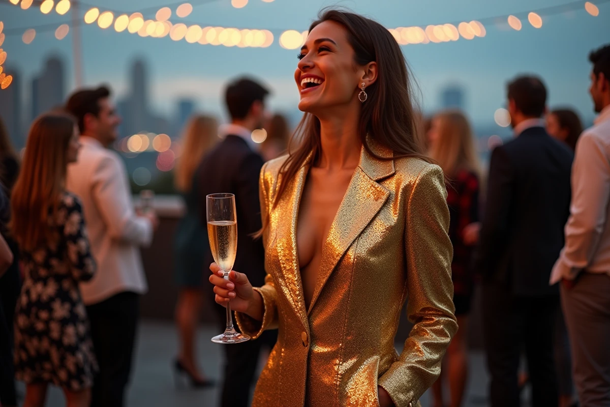 Femme en ensemble deux pièces à sequins dorés lors d'une soirée du Nouvel An en rooftop urbain