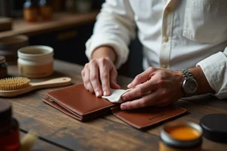 Homme entretenant son portefeuille en cuir personnalisé avec un produit nourrissant appliqué à l'aide d'un chiffon doux