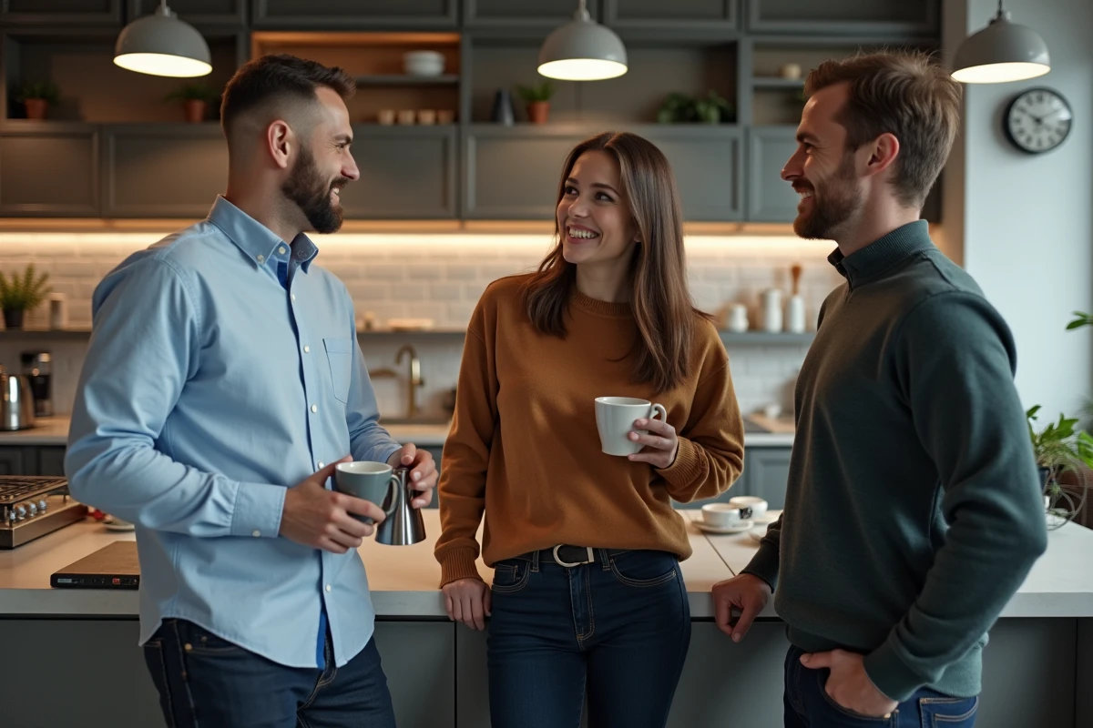 Groupe de coll&egrave;gues discutant pr&egrave;s d une station caf&eacute;