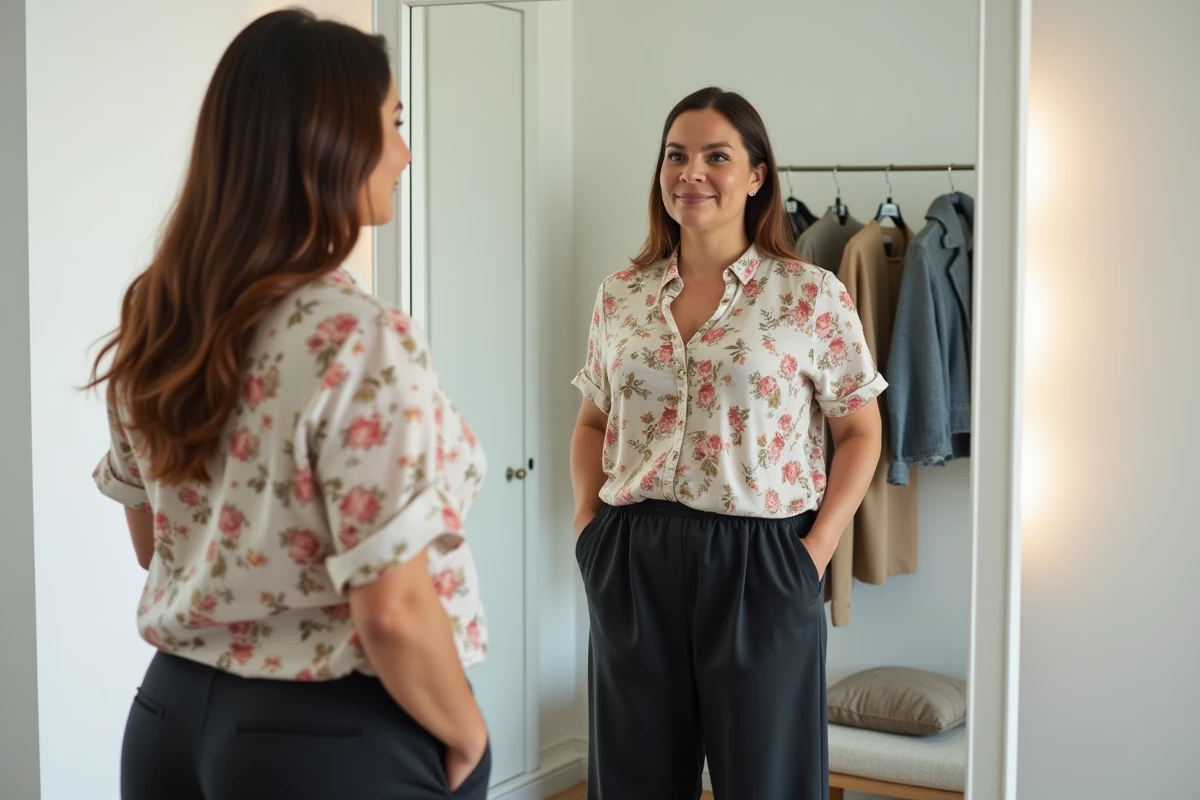 Femme grande taille devant un miroir de cabine d'essayage pour vérifier l'ajustement d'une taille 48 ou 50