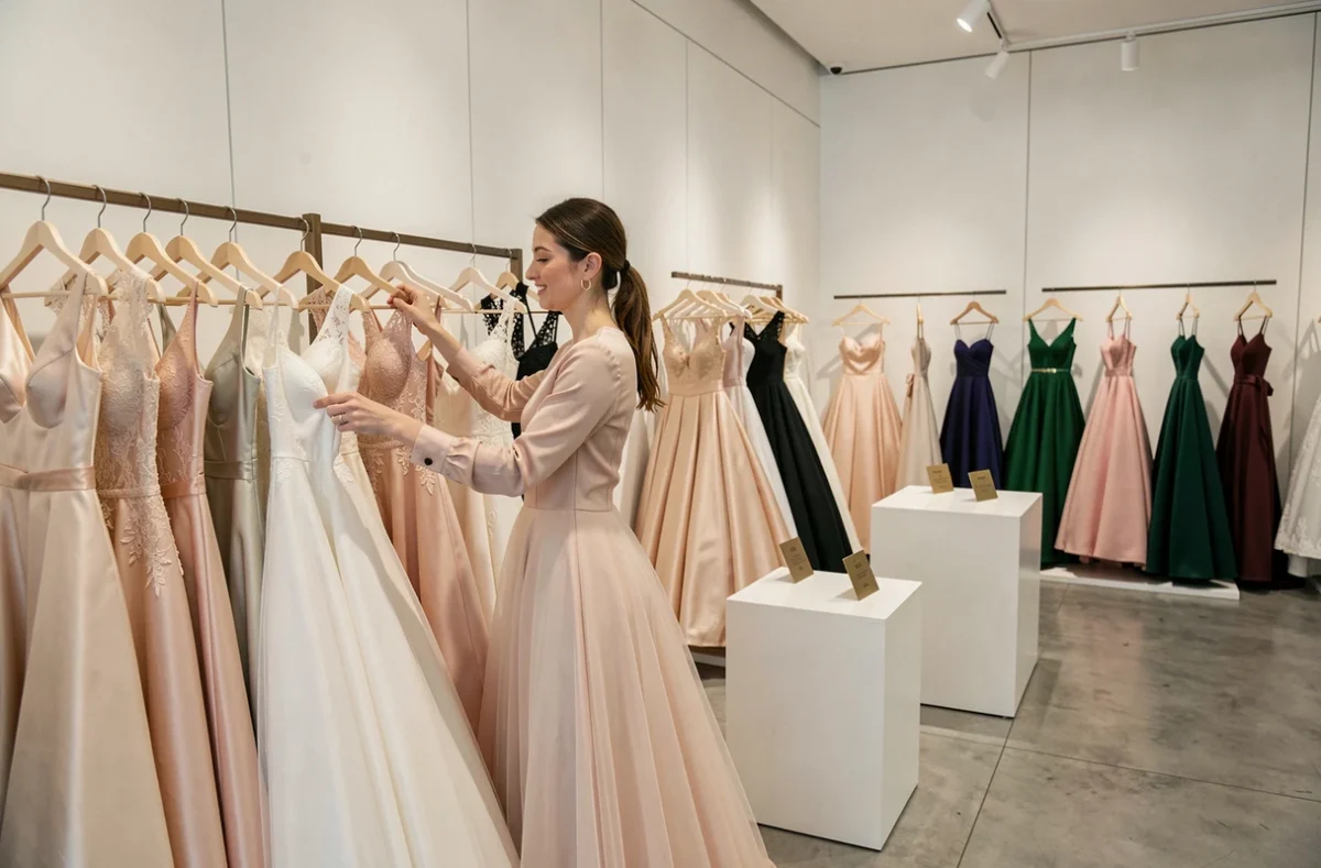 Femme explorant des robes de mariée prêt-à-porter dans une boutique de mariage moderne et élégante