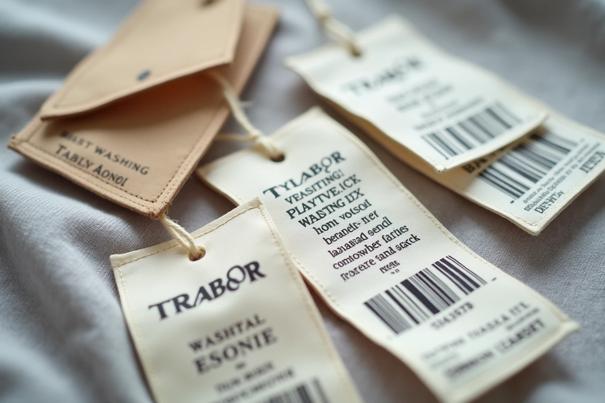 Gros plan sur des étiquettes de vêtements et tags de marque posés sur fond lin, dont une étiquette avec mention de marque générique