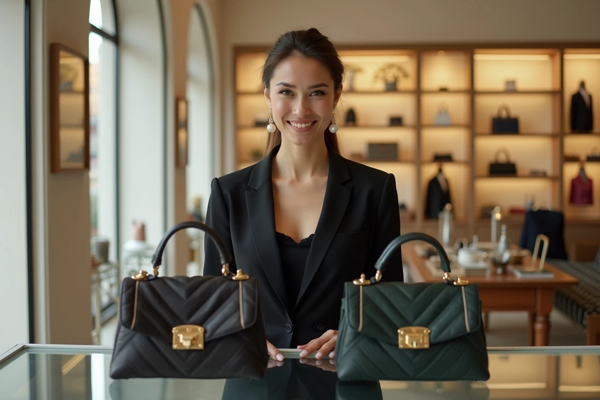 Experte en maroquinerie comparant un sac authentique et une contrefaçon dans une boutique de revente de luxe
