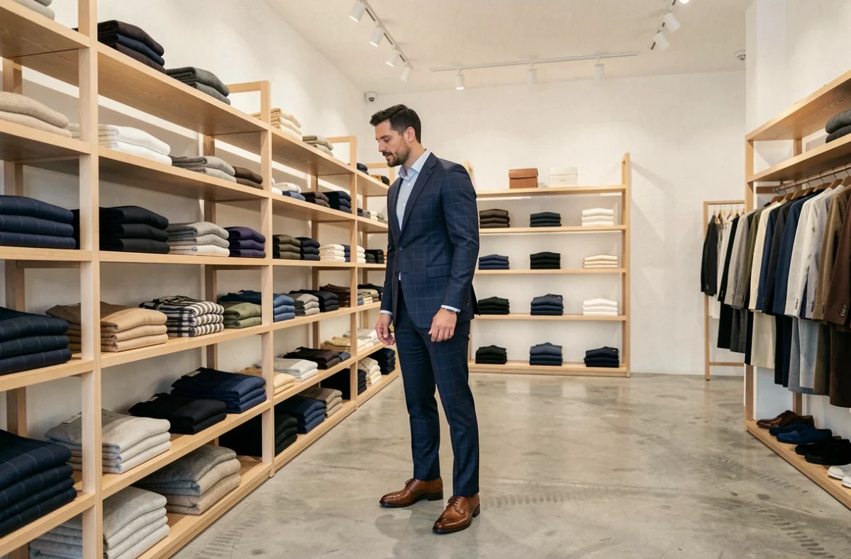 Un homme en costume bleu marine Father and Sons explore une collection dans la boutique lyonnaise
