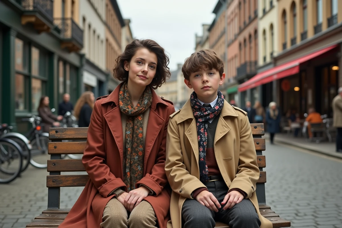 Femme et adolescent en tenues vintage sur un banc urbain