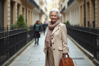 Femme de 75 ans élégante dans la rue avec manteau crème