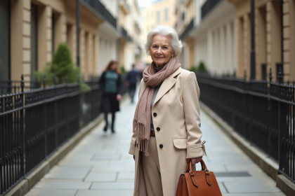 Femme de 75 ans élégante dans la rue avec manteau crème