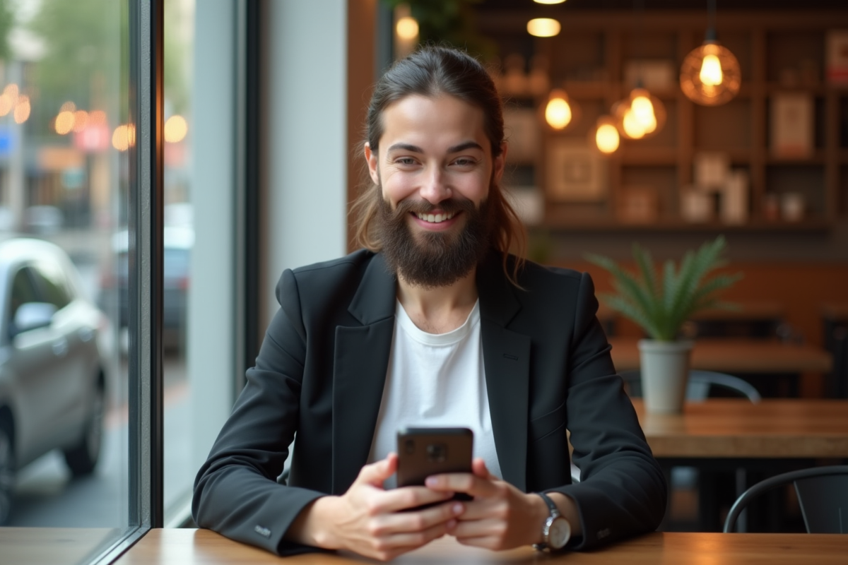 Femme utilisant une application AR pour visualiser une barbe