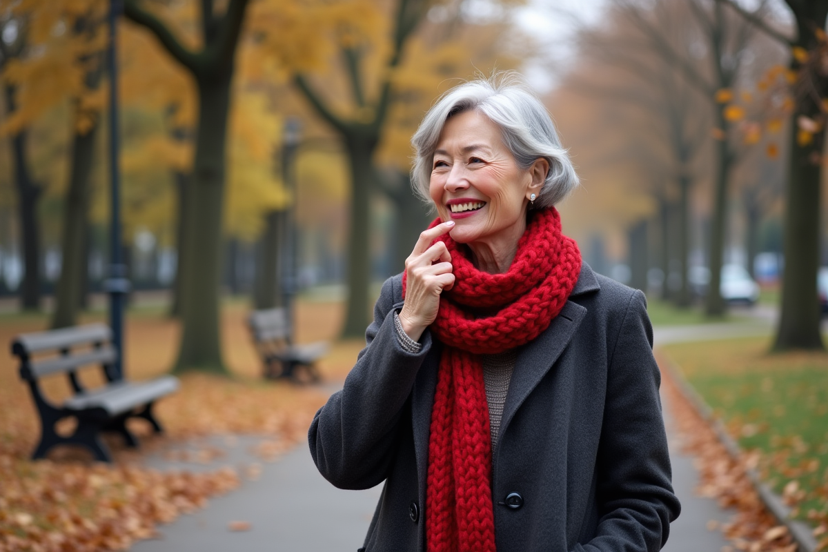 Femme souriante en automne dans un parc urbain