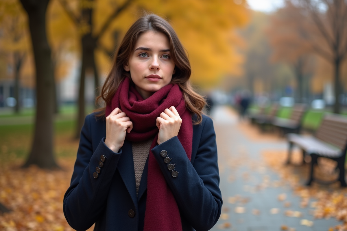 Jeune femme brune ajustant une écharpe dans un parc automnal