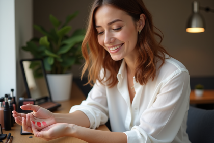 Femme &eacute;l&eacute;gante examine des teintes de rouge &agrave; l&egrave;vres