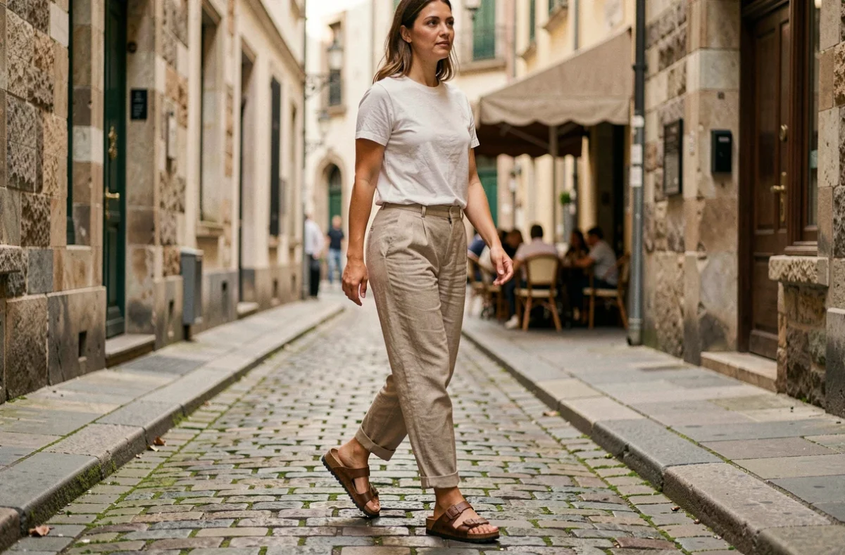 Femme portant des sandales Birkenstock Arizona en marchant sur des pavés d'une rue européenne au quotidien
