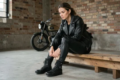 Femme habillée en tenue moto lacant ses bottes de moto protégées dans un garage urbain