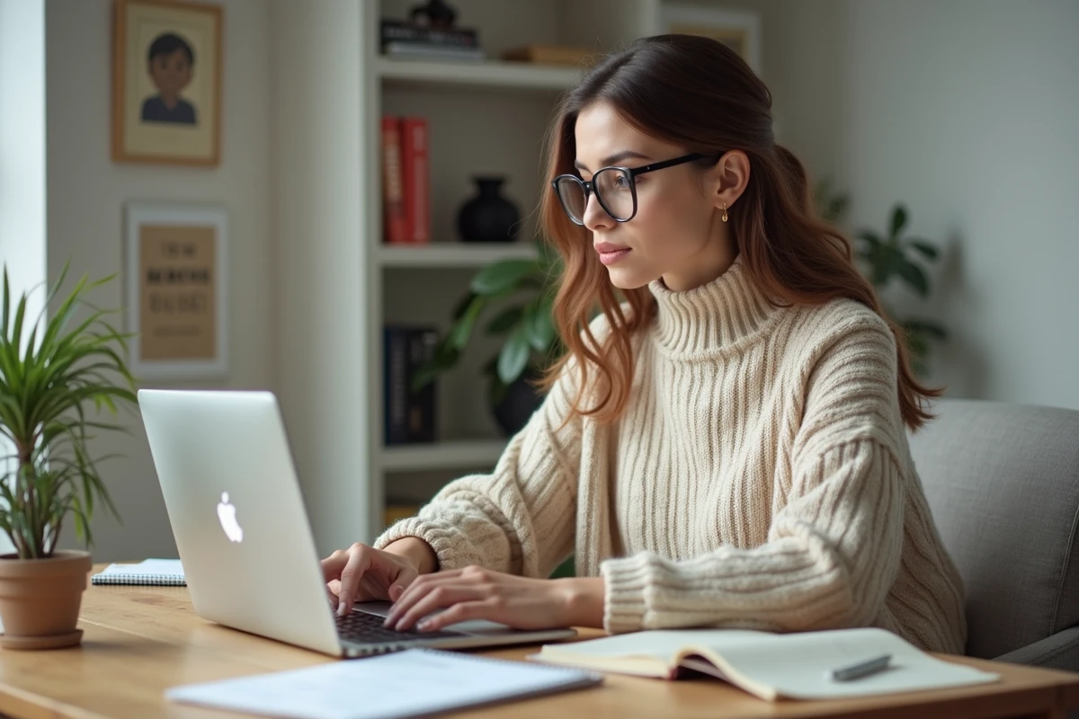 Jeune femme en bureau à domicile avec ordinateur et plantes