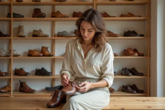 Femme inspectant une paire de chaussures Arche en cuir dans une boutique lors d'un déstockage