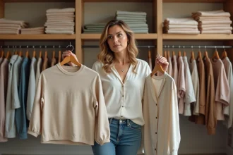 Femme comparant deux tailles de vêtements dans une boutique pour choisir entre un 48 et un 50