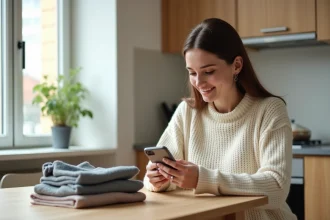 Femme comparant des applications de vente entre particuliers comme Seelpy, Vinted et Leboncoin sur son smartphone