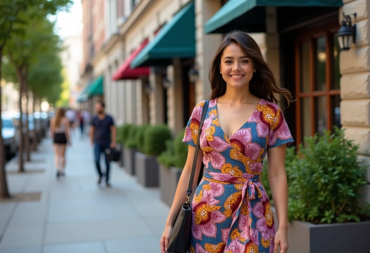 Femme confiante en robe colorée dans la ville