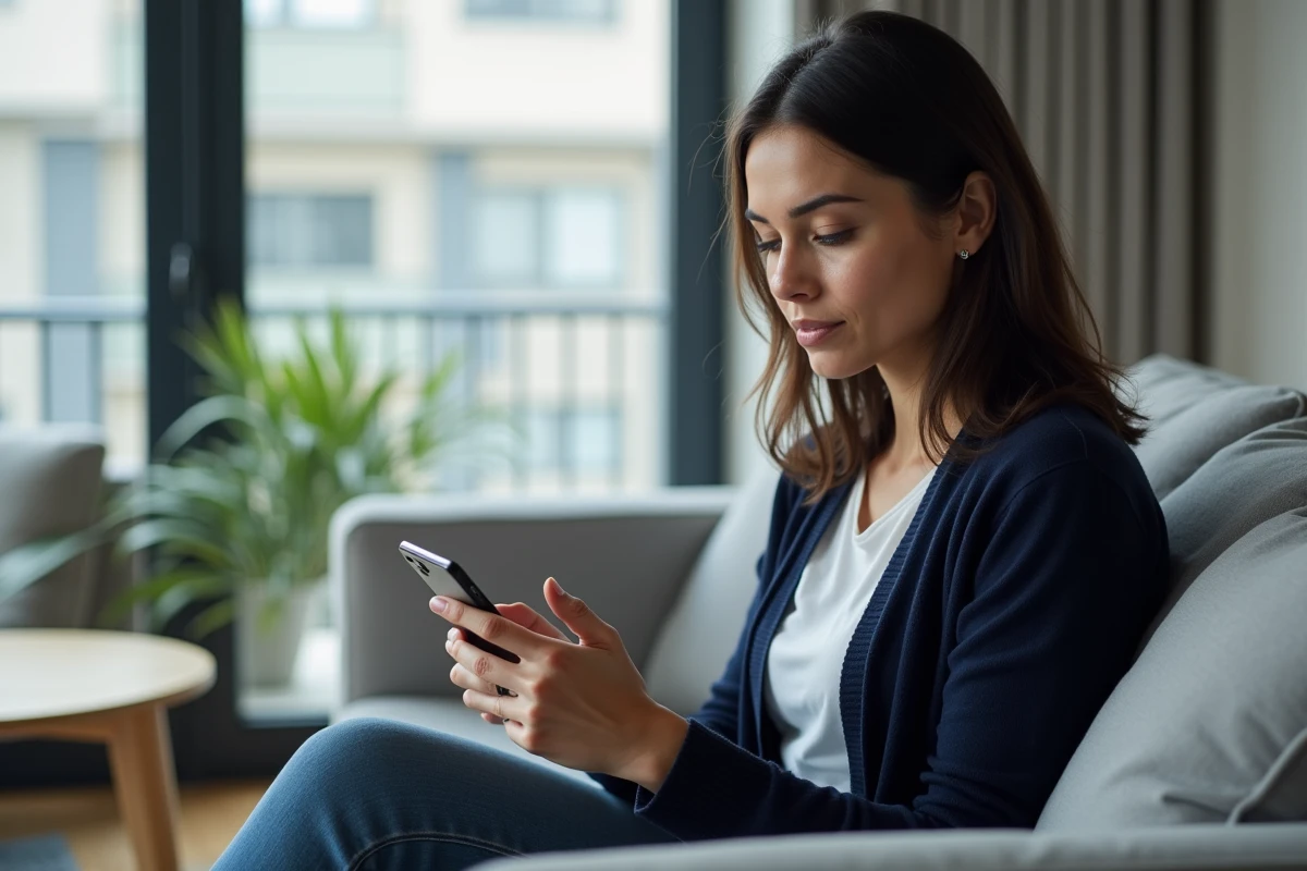 Femme contactant le service client Damart par smartphone depuis son salon