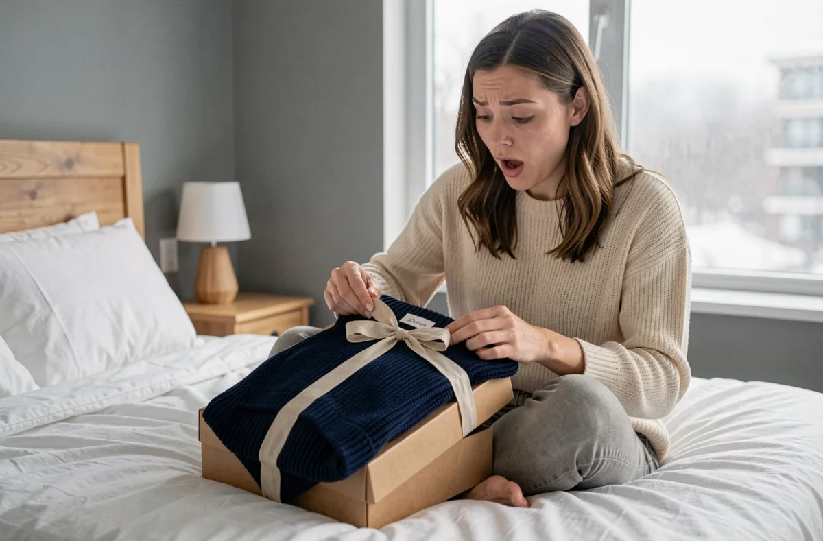 Femme découvrant avec émotion un pull personnalisé en laine marine dans une boîte cadeau kraft sur un lit blanc