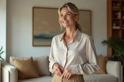 Femme confiante en blouse &eacute;l&eacute;gante et pantalon large