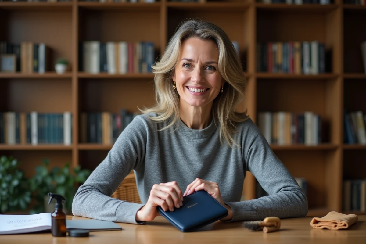 Femme entretenant son portefeuille en cuir bleu personnalisé avec une brosse à polir sur un bureau en chêne minimaliste