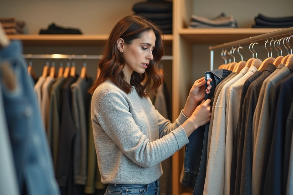 Femme lisant l'étiquette d'un vêtement dans un magasin, intriguée par la mention de marque inconnue sur la fiche produit