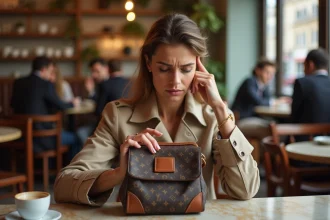 Femme examinant les coutures d'un sac à main de luxe possiblement contrefait dans un café parisien