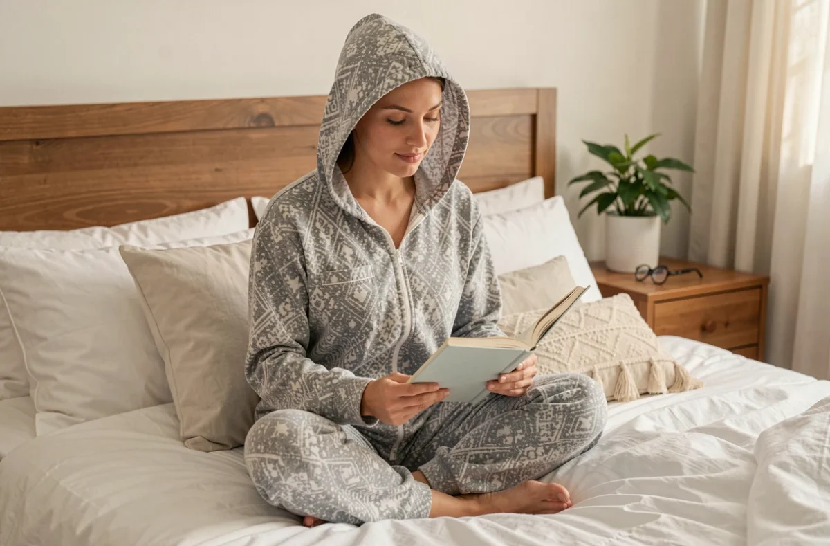 Femme en grenouillère grise à capuche assise sur un lit en train de lire un livre dans une chambre apaisante