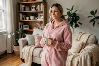 Femme portant une grenouillère pyjama rose en polaire douce dans un salon cosy avec une tasse de thé chaud