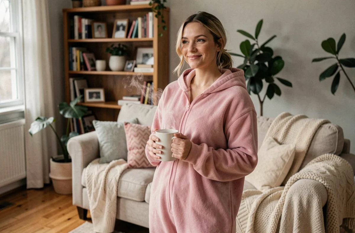 Femme portant une grenouillère pyjama rose en polaire douce dans un salon cosy avec une tasse de thé chaud