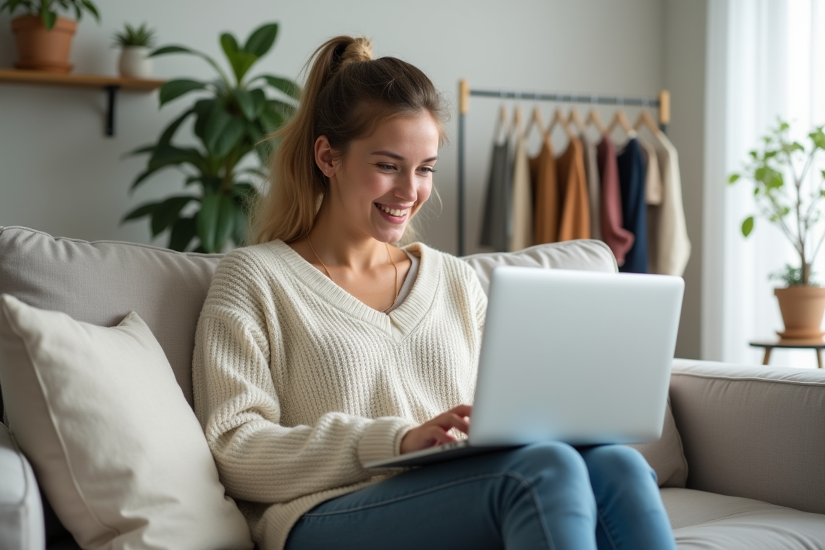 Jeune femme Z souriante utilisant son ordinateur à la maison