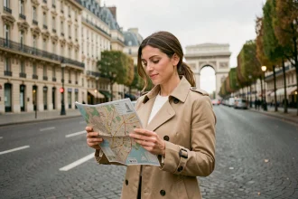Femme consultant une liste de magasins sur les Champs-Élysées avant de faire du shopping à Paris
