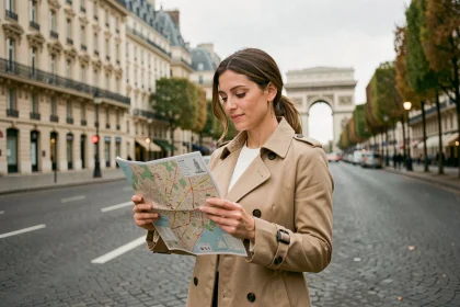 Femme consultant une liste de magasins sur les Champs-Élysées avant de faire du shopping à Paris