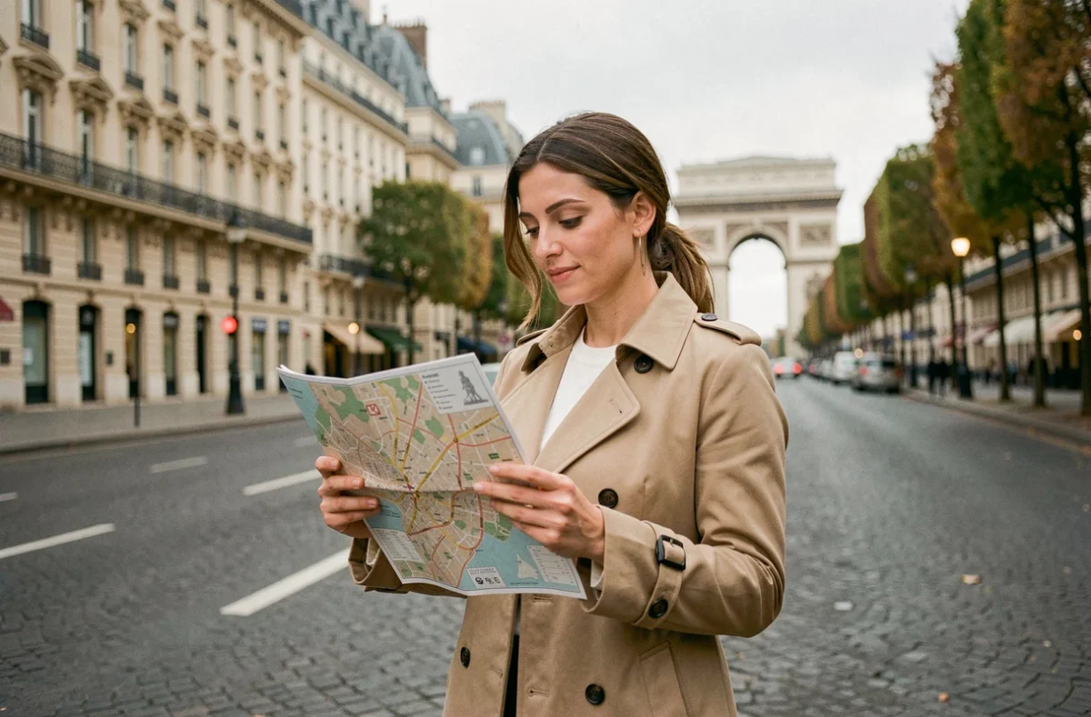 Femme consultant une liste de magasins sur les Champs-Élysées avant de faire du shopping à Paris