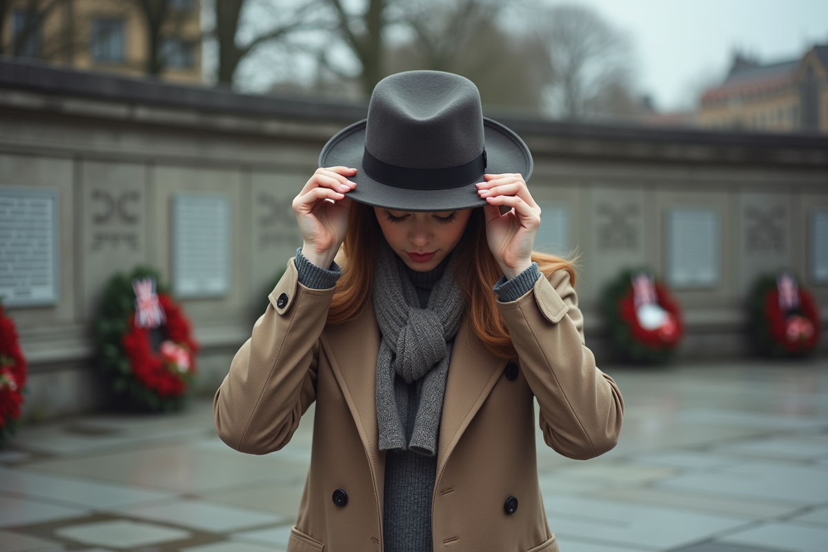 Jeune femme en trench et chapeau au mémorial de guerre