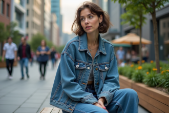 Femme en denim dans une place urbaine dynamique