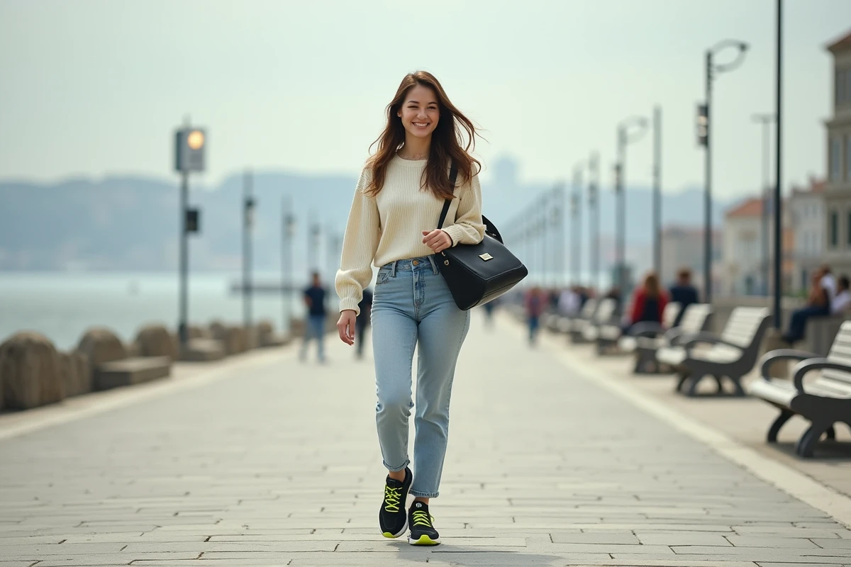 Femme portant des Nike TN Lisboa noires en marche sur le bord du Tage à Lisbonne